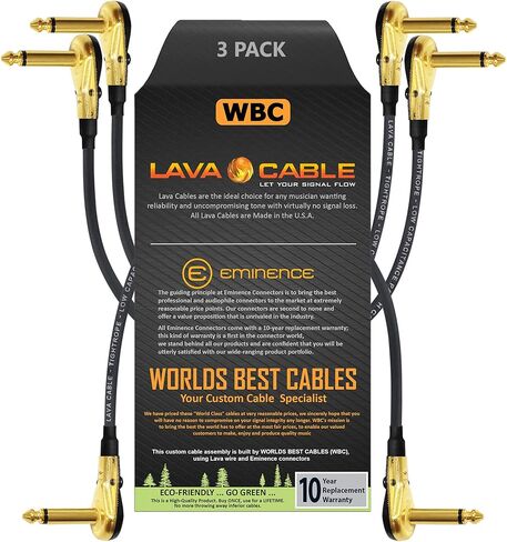 3 Units - Lava Tightrope (Black) - 11 Inch - Guitar Bass Effects Instrument, Patch Cable with Premium Gold Plated ¼ Inch (6.35mm) Low-Profile, Right Angled Pancake type TS Connectors in Saudi Arabia