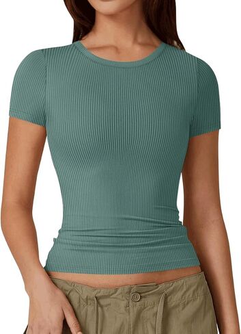 Ekouaer Women Short Sleeve Shirts Lightweight Thermal Tops Ribbed Knitted Outfit Tees Soft Crew Neck Undershirt Basic Clothes in Saudi Arabia