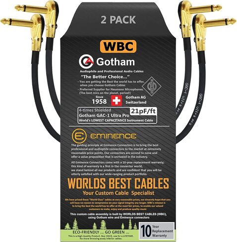 أفضل الكابلات في العالم وحدتان - 8 بوصة - Gotham GAC-1 Ultra Pro - أداة تأثيرات جيتار باس منخفضة الغطاء (21pF/قدم)، كابل تصحيح وذهبي (6.35 مم) موصلات من نوع فطيرة R/A منخفضة المستوى - مصنوعة خصيصًا in Saudi Arabia