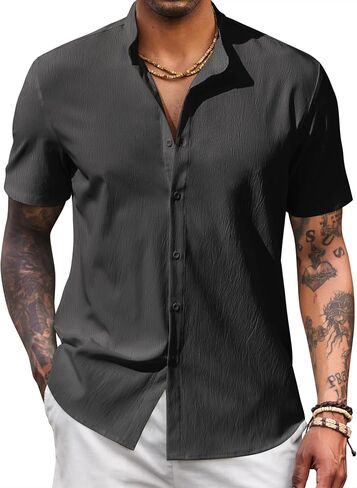 COOFANDY Men's Casual Button Down Short Sleeve Shirt Band Collar Shirts Textured Beach Summer Shirt in Saudi Arabia