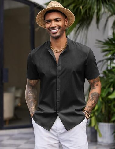 COOFANDY Men's Casual Button Down Short Sleeve Shirt Band Collar Shirts Textured Beach Summer Shirt in Saudi Arabia