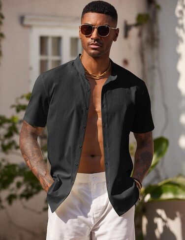 COOFANDY Men's Casual Button Down Short Sleeve Shirt Band Collar Shirts Textured Beach Summer Shirt in Saudi Arabia