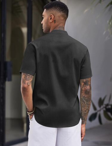 COOFANDY Men's Casual Button Down Short Sleeve Shirt Band Collar Shirts Textured Beach Summer Shirt in Saudi Arabia