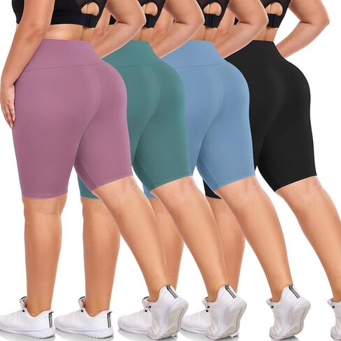 we fleece 4 Pack Plus Size Biker Shorts for Women - 8"High Waist Tummy Control Workout Shorts for Running Yoga Athletic in Kuwait