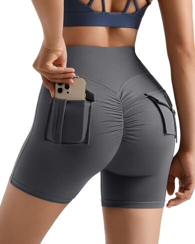 MOOSLOVER Women Workout Biker Shorts with Pockets High Waisted V Cross Shorts Scrunch Butt Yoga Gym Booty Shorts in Saudi Arabia
