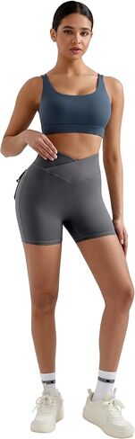 MOOSLOVER Women Workout Biker Shorts with Pockets High Waisted V Cross Shorts Scrunch Butt Yoga Gym Booty Shorts in Saudi Arabia