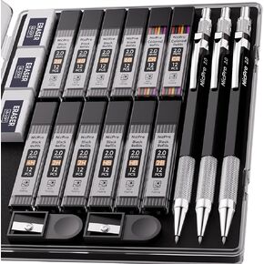 Nicpro 2.0 mm Mechanical Pencil Set, Artist Metal Lead Holder Metal Marker Carpenter pencils with 60 Graphite Lead Refill HB, 2H, 4H, 2B, 4B, Eraser, Sharpener for Draft Drawing, Writing Art Sketching
