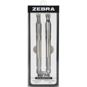 Zebra Pen M/F 701 Stainless Steel Mechanical Pencil and Ballpoint Pen Set, Fine Point, 0.7mm HB Lead and 0.8mm Black Ink, 2-Count Gift Set, Silver (10519)