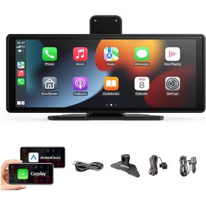 10.26" HD Car Stereo, Portable Wireless Touch Screen Apple CarPlay and Android Auto Automatic Multimedia Player with 4K Dash Cam, Plug in Drive Play Bluetooth Navigation Radio Music Play