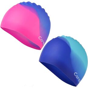 Swim Cap, 2 Pack Durable Silicone Swimming Caps for Kids Girls Boys Youths (Age 2-12), Soft 3D Ergonomic Waterproof Kids Swim Caps, Comfortable Fit for Long Hair and Short Hair
