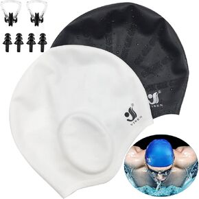 Unisex Swim Caps Ear Protection,2 Pack Silicone Swimming Caps for Short/Long Hair with Ear Plugs&Nose Clip,Waterproof Flexible Swimming Hat for Women Men Adults Kids,Bath Swim Caps Easy to Put On/Off
