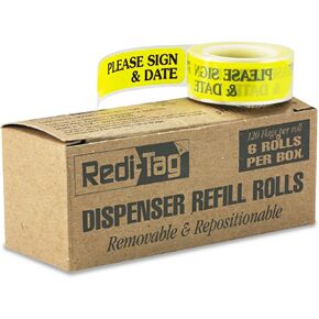 Redi-Tag 91001 Arrow Message Page Flag Refills, "Sign Here", Yellow, 120 Flags per Roll (Box of 6 Rolls)