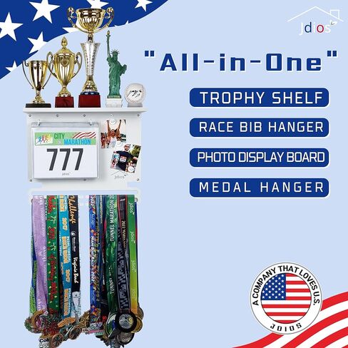 عرض مريلة السباق وشماعة الميداليات مع رف جوائز مقاس 15.7 بوصة، ولوحة عرض الصور - عرض لأكثر من 50 ميدالية وأكثر من 40 مريلة سباق - تتضمن 3 مغناطيسات للصور، و20 حامل صدرية، 2 د.أ أسود (أبيض) in Kuwait