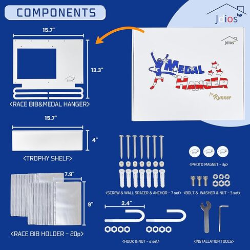 عرض مريلة السباق وشماعة الميداليات مع رف جوائز مقاس 15.7 بوصة، ولوحة عرض الصور - عرض لأكثر من 50 ميدالية وأكثر من 40 مريلة سباق - تتضمن 3 مغناطيسات للصور، و20 حامل صدرية، 2 د.أ أسود (أبيض) in Kuwait