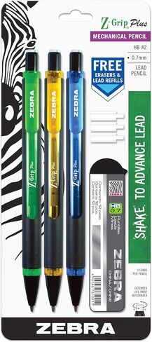 قلم رصاص ميكانيكي Z-Grip Plus من زيبرا، 0.7 مم، مع رصاص وممحاة، ألوان أسطوانية متنوعة، برتقالي، أصفر، أخضر، 3 عبوات (55703) in Saudi Arabia