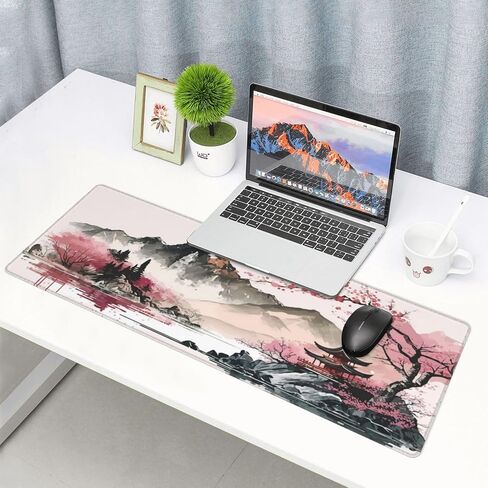 Japanese Gaming Mouse Pad Black Mouse Pad Kanagawa Large Mousepad Non-Slip Rubber Base Waterproof with Stitched Edges for Gaming Office Home, 31.5x11.8 Inch (Black Wave) in Saudi Arabia
