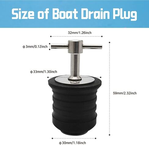 قابس تصريف بمقبض على شكل حرف T من الفولاذ المقاوم للصدأ من ميلكي أوشن، لمصارف 1-1/4 بوصة (31.8 مم)، تصميم ملتوي وختم، قابس مطاطي، قابس قارب قطعتين in Kuwait