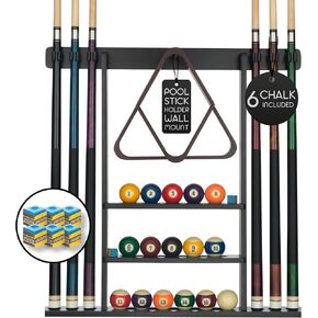 Pool Cue Rack - Pool Stick Holder Wall Mount With 16 Ball Holders & 6 Pack Of Chalk - Rubber Circle Pads & Large Clips Prevent Damage - Billiard Table Accessories For Man Cave