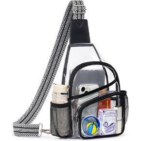 Clear Bag for Stadium Events, Clear Purses For Women Men, 12x6x12 Stadium Bag With Water Bottle Holders, See through Large Sling Crossbody Shoulder Backpack For Concert Sport Gym Travel, Black
