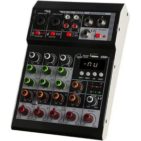 4 Channel Audio Mixer DJ Mixer Interface Sound Board Console USB Audio MP3 Computer Input 48V Phantom Power Stereo DJ Studio for Home Karaoke Party Studio Recording