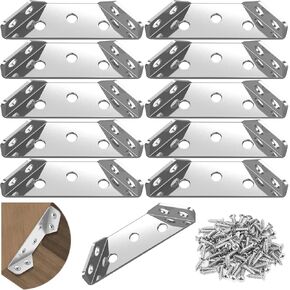 10 Pack Universal Stainless Steel Furniture Corner Connectors, Corner Braces, Trapeziform Angle Brackets, Corner Bracket for Wood, Shelving Brackets Heavy Duty, Shelf Supports