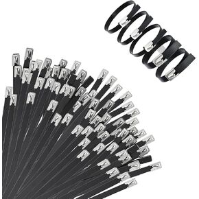 304 Stainless Steel Cable Ties-12 inch, 50 PCS Heavy Duty Zip ties with 135 lbs Strength-Black Epoxy Resin Coating, UV-Resistant, Self-Locking Wire Ties for Indoor and Outdoor