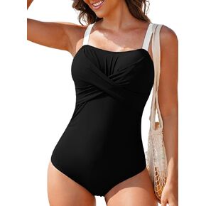 Aleumdr Women's One Piece Swimsuit Tummy Control Bathing Suit Crisscross Retro Ruched Push Up Swimwear