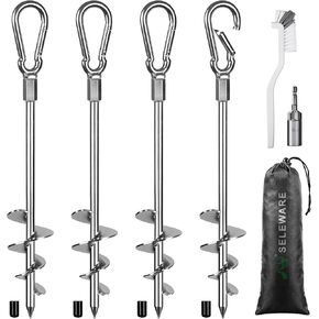 SELEWARE 18 Inch Ground Anchors Screw in, 4 Pack Heavy Duty Trampoline Stakes Tent Stakes High Wind Wider Spiral Earth Anchors for Trampolines Camping Tent Sheds Carports Securing Animals Swing Sets