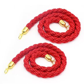 2Pcs Stanchion Rope 5Ft, Crowd Control Stanchion Ropes Barrier with Golden Hooks Twisted Post Ropes with Snap Hooks Crowd Control for Posts Stands Queue Divider Banquets Parties Hotel, Red