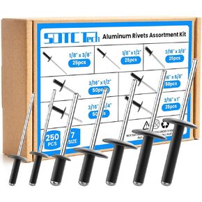 SDTC Tech 250pcs Black Pop Rivets Assortment Kit, 7 Sizes Large Flange Aluminum Rivets (1/8" 3/16"), Assorted Blind Rivets for Metal, Furniture, Automotive, Instruments