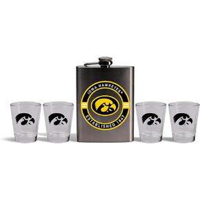 The Memory Company | Licensed NCAA Stainless Steel Team Logo Flask and (4) Shot Glass Set