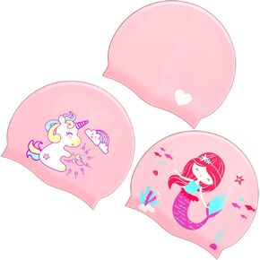 3 Pieces Kids Swim Caps Toddlers Swimming Caps Silicone Swim Cap for Boys Girls (Age 4-12) Baby Waterproof Cartoon Bathing Hats for Long and Short Hair (Girl Style)