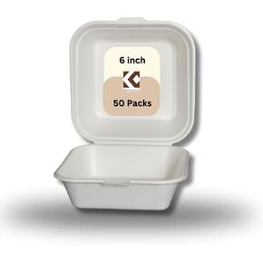 50 Pack 6"x6" Clamshell Food Containers with Lids, 1-Compartment Sugarcane Take Out Bagasse Boxes, 100% Compostable Disposable to Go Container, Heavy-Duty Bento Cake Box, for Events