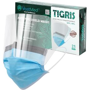 Tigris Anti-Fog Level 3 Earloop Mask with Shield | Clear Shield Mask Individual Wrap Non-Woven Breathable Blue Mask