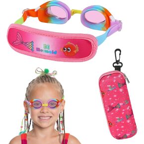 Kids Swim Goggles No Hair Pull，Kids Goggles Fabric Strap, Swimming Goggles with Case for Children Boys Girls