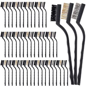 HOZEON Mini Wire Brushes Set, 48 PCS Stainless Steel/Brass/Nylon Cleaning Brushes, Wire Bristle Brush with Curved Handle Grip, Wire Brush for Cleaning Rust, Paint Stripping, 7 Inch