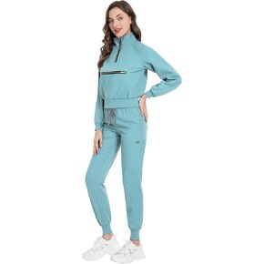 Scrub for Women Set-Long Sleeve Scrub Top with Zipper & Jogger Pants Medical Uniform Suit
