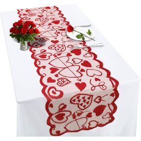 Valentines Table Runner Red Heart Print Valentines Day Decorations 13x72 inches Lace Love Table Runner for Home Wedding Party Valentines Day Table Decorations Long Line for Dinner(Random Style)
