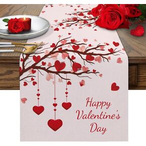 Valentines Table Runner 70 Inch Happy Valentine's Day Table Runners for Dining Room Love Heart Tree Branch Dinner Runner Anniversary Wedding Banquet Decor