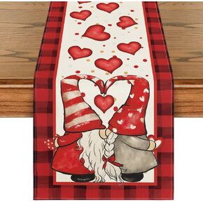 Artoid Mode Red Watercolor Hearts Gnomes Love Valentine's Day Table Runner, Seasonal Anniversary Wedding Holiday Kitchen Dining Table Decoration for Indoor Outdoor Home Decor 13x72 Inch