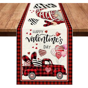 Valentines Day Table Runner, Valentines Table Runner 13x72 Inches Long, Valentines Day Gnomes Decor, Burlap Red Truck Love Gnomes Valentines Day Decorations, Valentines Day Runner for Table