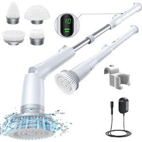 LABIGO Electric Spin Scrubber LA2 Pro, Shower Power Cleaning Brush with Display and 4 Replaceable Heads,2 Adjustable speeds, 3 Extension Handle, for Bathroom Floor Tile