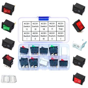 KCD1 Switch Assorted Kit, Square Rocker Switch 2Pin 3Pin 4Pin ON Off Switch 2-Position Red/Green/White/Black Boat Rocker Switch Snap-in 6A 250V 10A 125V Toggle KCD1 Switch (KCD1-Switch)