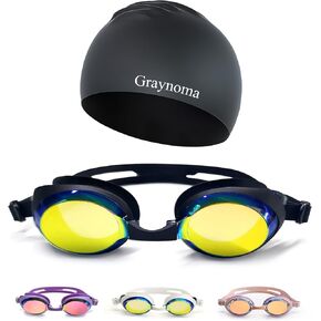 Graynoma Swim Goggles & Swim Cap Set, High Stretch Silicone Swim Cap and Anti-Fog Swimming Goggles for Adult Men Women