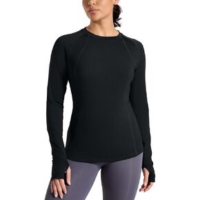 Thermal Shirts for Women Long Sleeve Fleece Tops Cold Weather Running Gear with Zipper Pocket Base Layer Black L