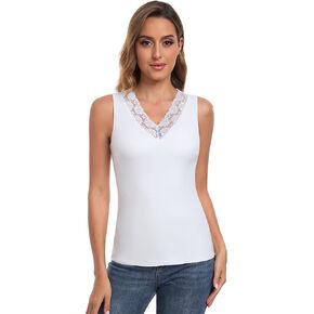 Sleeveless Thermal Tank Top for Women V Neck Lace Camisole Fleece Lined Undershirt Warm Base Layer Cami Vest