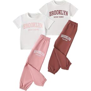 Girls 4 Pieces Outfits Short Sleeve Printed Tee Tops and Pants Set 4-12Y