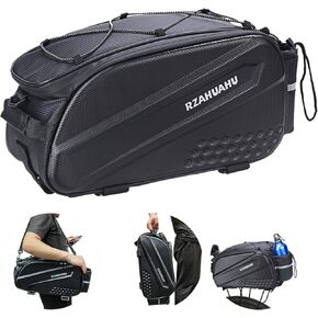 ikaufen Bike Rear Seat Bag, Bicycle Trunk Bag, 10L Waterproof Bike Carrier Backseat Bag Reflective with Cup Holder Pannier Bag Shoulder Strap Saddle Bag for Camping Cycling Commuting