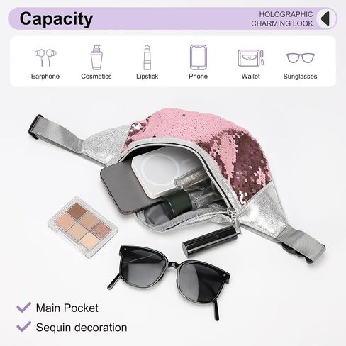 Sequined Fanny Pack for Women, Cute Waist Belt Bag, Crossbody Bag Water Resistant Fashion Small Bum Bag with Adjustable Belt for Running Hiking Shiny Pink in Saudi Arabia