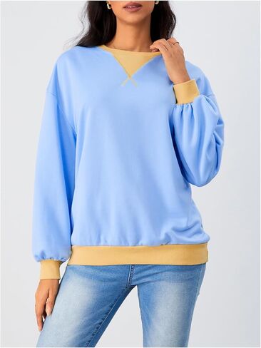 SHENHE Women's Color Block Crew Neck Patchwork Sweatshirt Long Sleeve Loose Pullover Top in Saudi Arabia